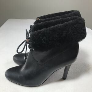 Coach black leather malia 7.5 cuff shearling tie up heels stiletto sexy lace up
